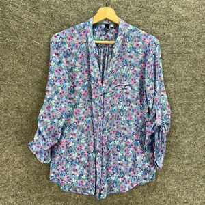 Kut Shirt Women S Small Blue Floral Button Up V-Neck Long Sleeve Pockets Casual